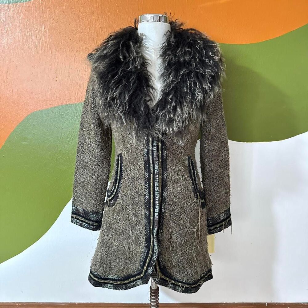 Dolce Cabo Tweed Penny Lane Coat Mongolian Lamb Fur Trim Jacket Whimsigoth S